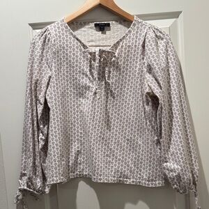 J. Crew Cream Blouse with Light Purple Print and Tie Neck